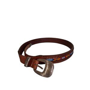 Western Style Brown Leather Belt With Multicolor Beaded Design